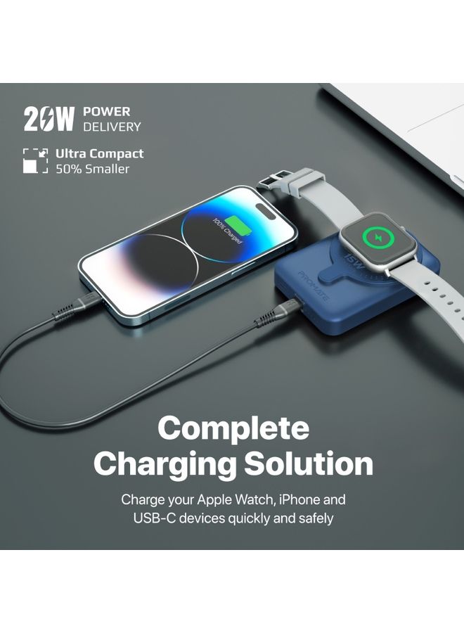 PROMATE - 10000 mAh 10000mAh Magnetic Wireless Power Bank, Dual 15W MagSafe Portable Charger with 3W Apple Watch Charging Pad and 20W USB-C Power Delivery, PowerMag-Duo Blue - Image 1