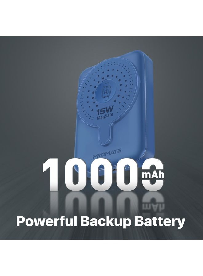 PROMATE - 10000 mAh 10000mAh Magnetic Wireless Power Bank, Dual 15W MagSafe Portable Charger with 3W Apple Watch Charging Pad and 20W USB-C Power Delivery, PowerMag-Duo Blue - Image 1