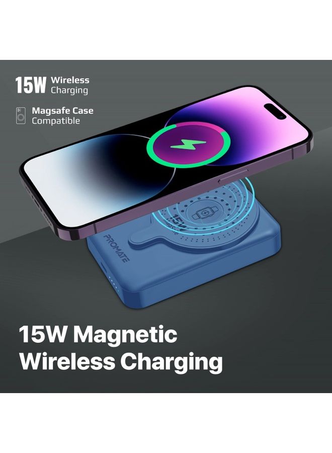 PROMATE - 10000 mAh 10000mAh Magnetic Wireless Power Bank, Dual 15W MagSafe Portable Charger with 3W Apple Watch Charging Pad and 20W USB-C Power Delivery, PowerMag-Duo Blue - Image 1