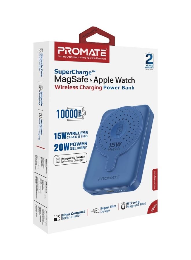 PROMATE - 10000 mAh 10000mAh Magnetic Wireless Power Bank, Dual 15W MagSafe Portable Charger with 3W Apple Watch Charging Pad and 20W USB-C Power Delivery, PowerMag-Duo Blue - Image 1