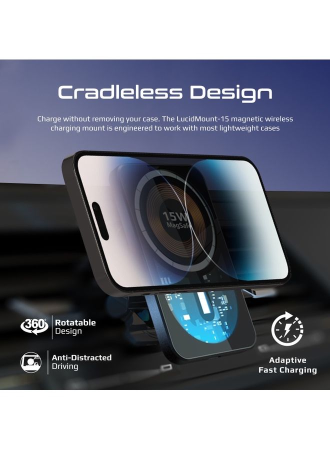 PROMATE - 15W Car Wireless Charger, Premium Transparent MagSafe with 360 Degree Rotatable Design, Dual Mounting Options, Strong Magnetic Hold and Qi Charging, LucidMount-15 Black - Image 1