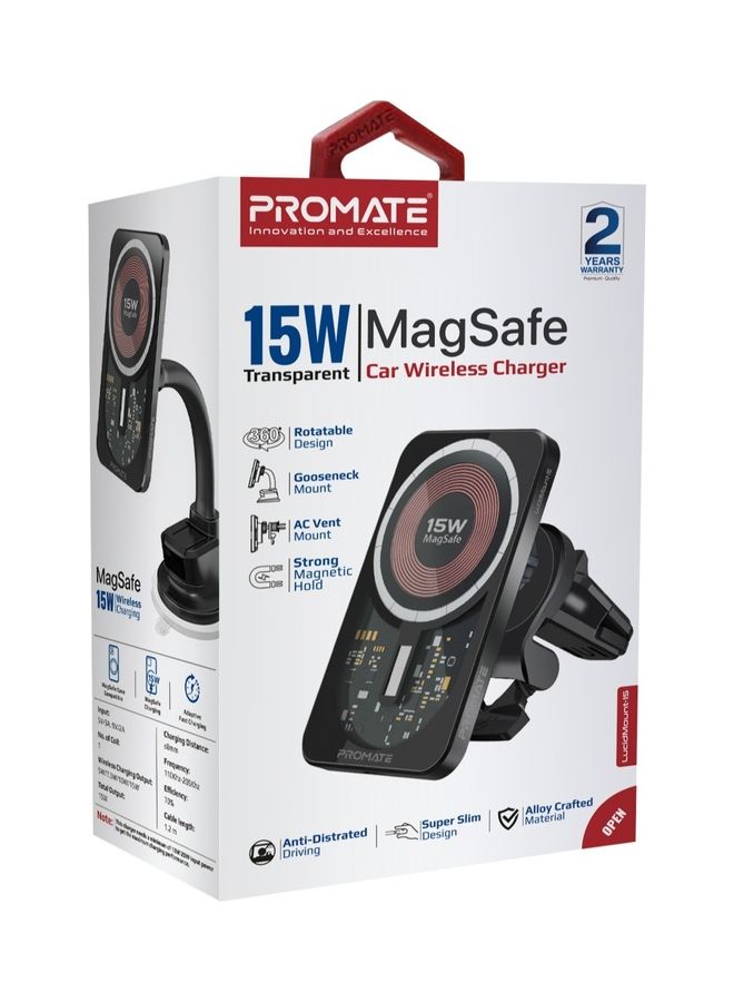 PROMATE - 15W Car Wireless Charger, Premium Transparent MagSafe with 360 Degree Rotatable Design, Dual Mounting Options, Strong Magnetic Hold and Qi Charging, LucidMount-15 Black - Image 1