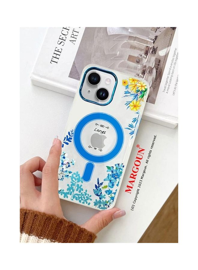 MARGOUN Case For Apple iPhone 14 Plus Romantique Floral Design Fashion Flower Compatible With MagSafe And Wireless Charging Cover Blue - Image 2