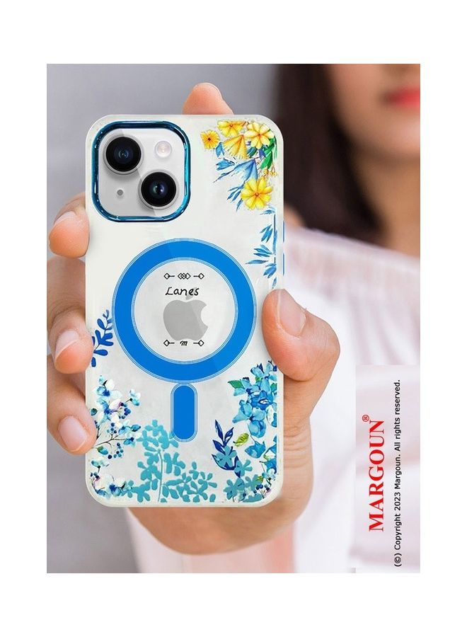 MARGOUN Case For Apple iPhone 14 Plus Romantique Floral Design Fashion Flower Compatible With MagSafe And Wireless Charging Cover Blue - Image 3
