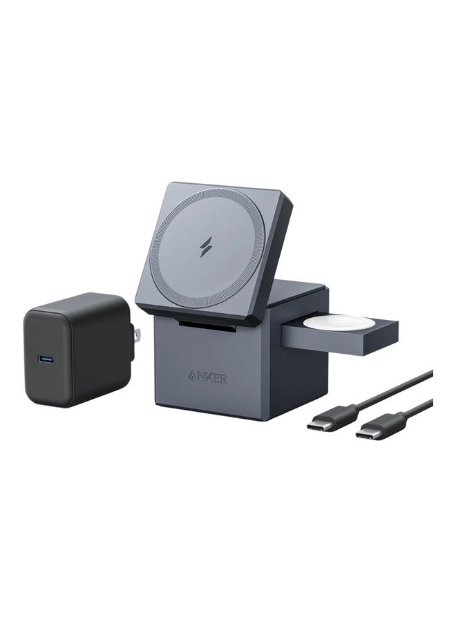 Anker 3-in-1 Cube Compatible with MagSafe, 15W Fast Charging Foldable Wireless Charger, Compatible with iPhone 16/15/14, Apple Watch 1-8/Ultra, AirPods Pro (Charger and Interchangeable Plugs Included) Grey 