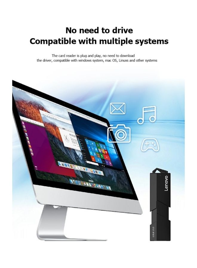 Lenovo 2 in 1 Card Reader USB 3.0 Compatible Up to 5Gbps and Up to 2TB Adapter Black - Image 5