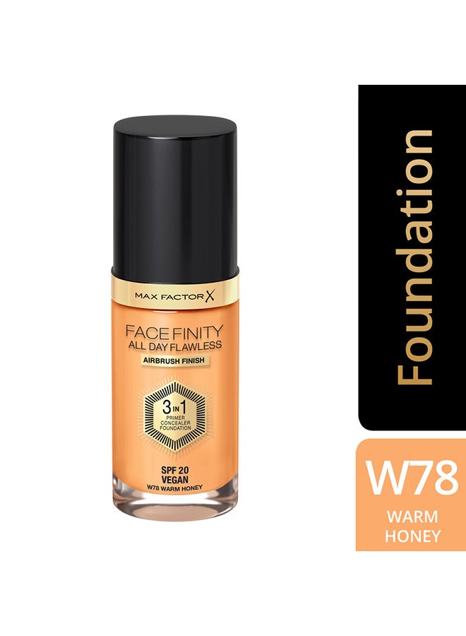 Max Factor - Facefinity All Day Flawless 3 in 1 Foundation – W78 –Warm Honey - Image 1