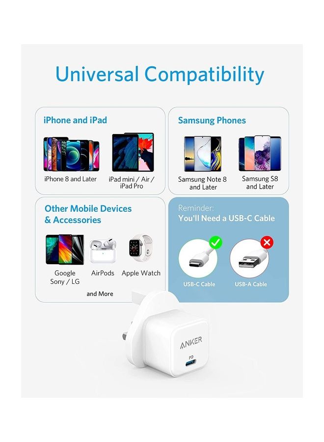 Anker - USB C Plug, 20W Fast USB C Charger Plug, PowerPort III 20W Cube iPhone Charger with USB-C to Lightning Cable for iPhone 14/14 Pro/14 Pro Max/13 Pro/13 Pro Max, Galaxy, iPad White - Image 1