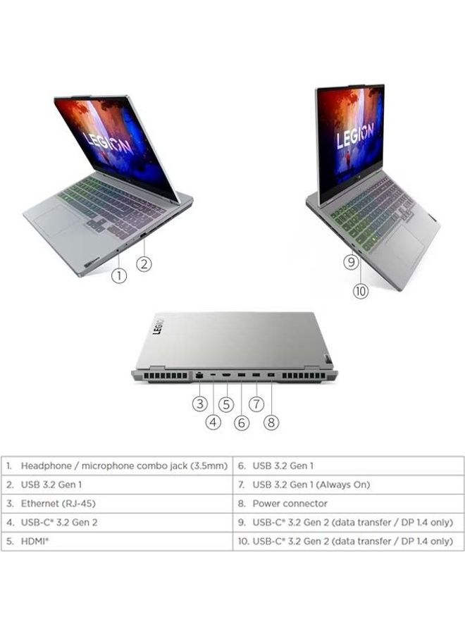 Legion 5 Gaming Laptop With 15.6-Inch 165Hz Display, AMD Ryzen 7-6800H Processor/16GB RAM/1TB SSD/NVIDIA GeForce RTX 3060 6GB Graphics Card/Windows 11 Home Arabic Storm Grey