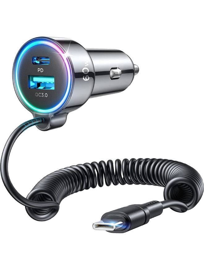 JOYROOM USB C Car Charger 60W 3 Port Super Fast PD QC3.0 With 5ft 30W Type C Coiled Cable For Samsung Galaxy S22 21 iPhone Google Pixel Moto LG Android iPad Pro Black  - Image 1