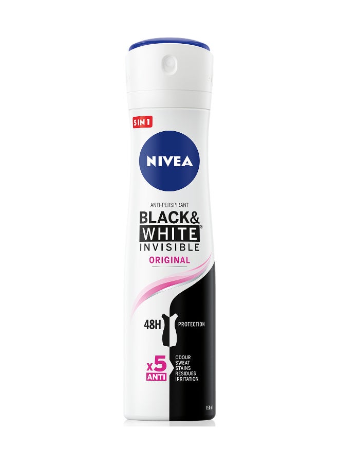 Black And White Invisible Antiperspirant Deodorant Spray For Women Clear, 72H Active Protection, 5IN1 Anti-Odour Sweat Stains Residues And Irritation Multicolour 150ml