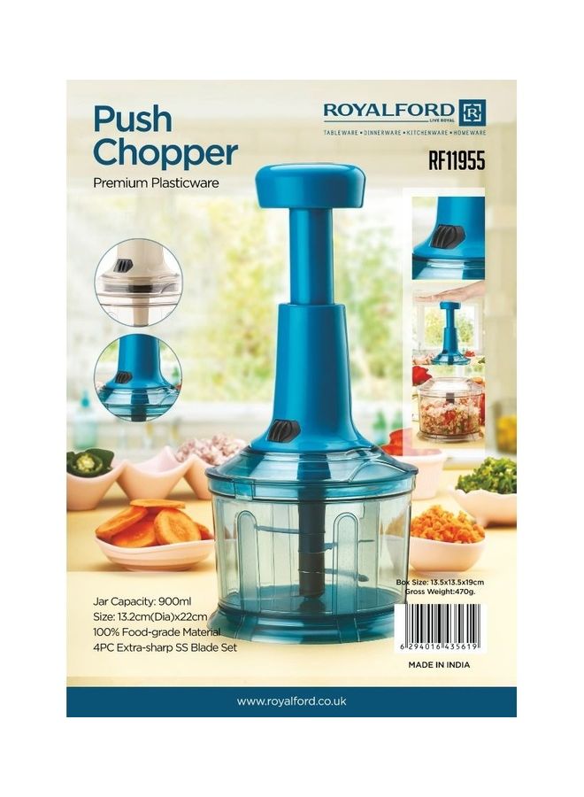 Royalford - Push Compact Chopper With 4 Blades 900 ML Blue Blue - Image 1