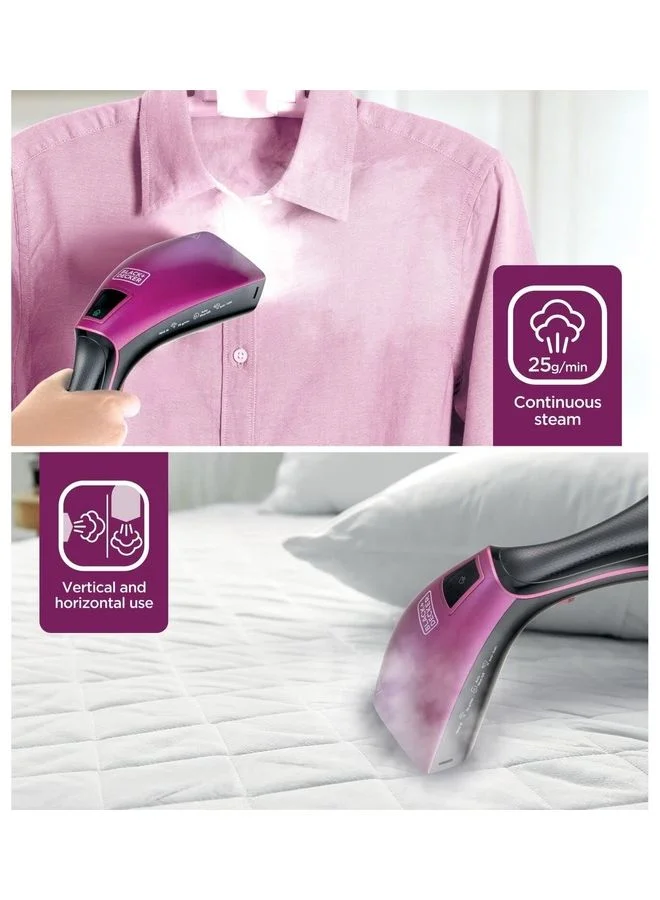 BLACK+DECKER Portable Digital Handheld Garment Steamer, 180° Swivel Hinge, 5-Height Adjustment, Variable Temperature Control, Removable Drip Tray, Cool-Touch Handle, 240 ml 1600 W HSTD1600-B5 black purple
