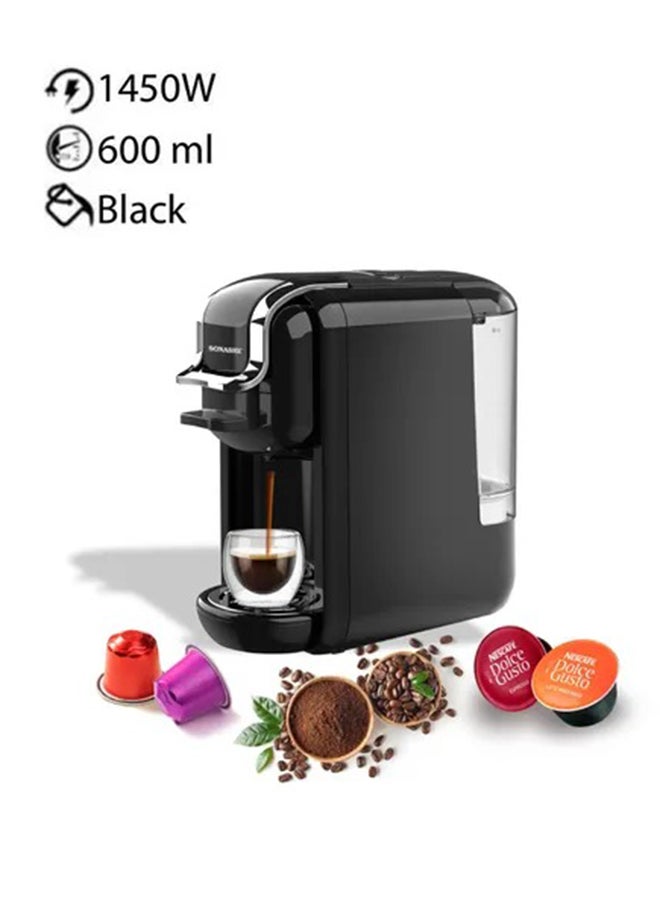 SONASHI 3 in 1 Multifunction Espresso Coffee Machine - with 600ML Detachable Water Tank | 3 Optional Adaptors and Auto Shut Off Options 600 ml 1450 W SCM-4969 Black 