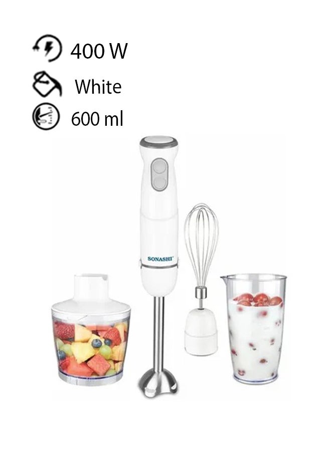 SONASHI 4-in-1 Hand Blender Chopper Whisker Mixer | Durable Stainless Steel Blade & Removable Stick | Comes with 600ml Plastic Jar, 500ml Chopper and Blending Wand | Power Watt 400 SHB-184JCW White 