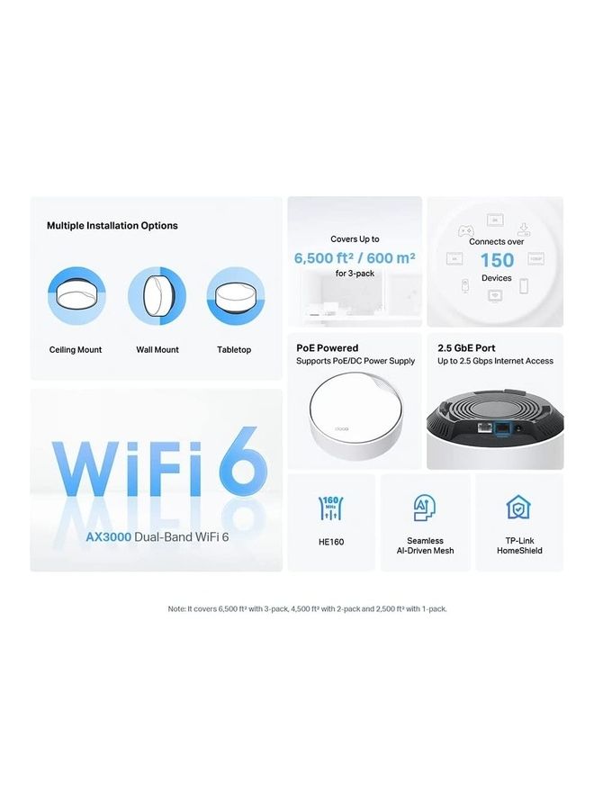 TP-LINK - Deco AX3000 PoE Mesh WiFi, Ceiling/Wall-Mountable Wi-Fi 6 Mesh, Replacing Wi-Fi Router, Access Point and Range Extender, PoE-Powered, 2 PoE Ports(1 x 2.5G, 1 x Gigabit), 3-Pack White - Image 1