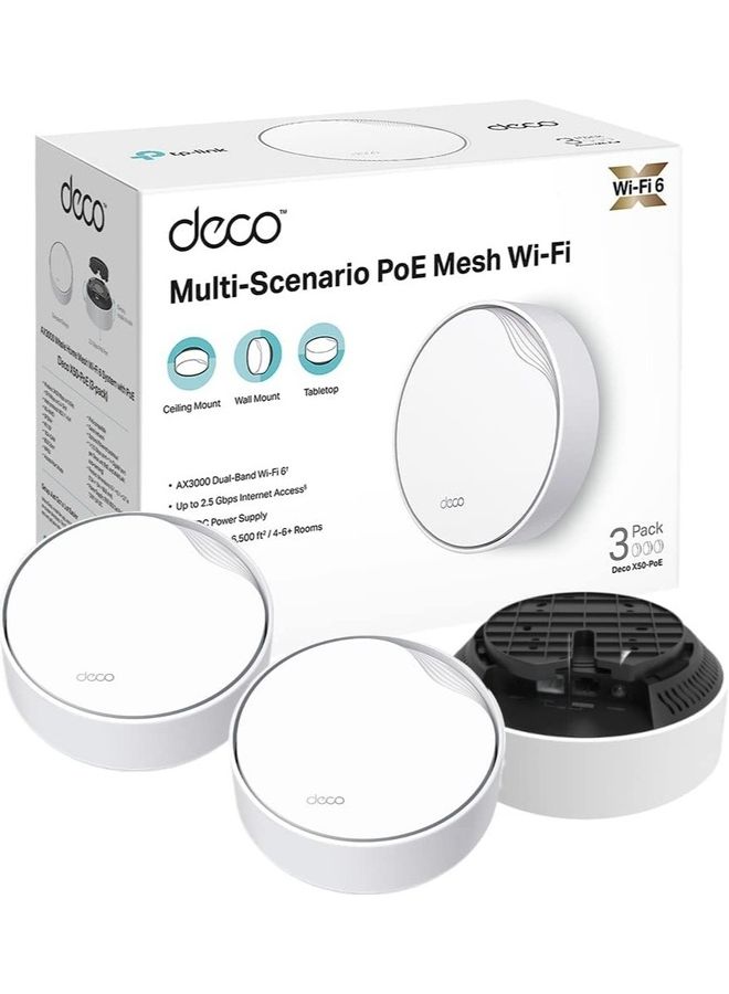 TP-LINK - Deco AX3000 PoE Mesh WiFi, Ceiling/Wall-Mountable Wi-Fi 6 Mesh, Replacing Wi-Fi Router, Access Point and Range Extender, PoE-Powered, 2 PoE Ports(1 x 2.5G, 1 x Gigabit), 3-Pack White - Image 1