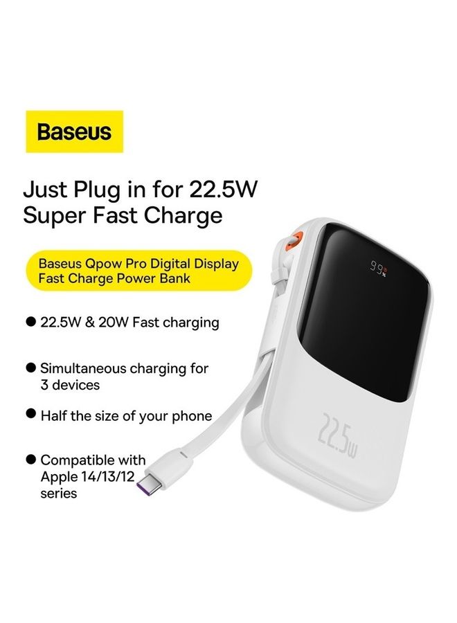 Baseus 10000 mAh 10000mAh Portable Charger 22.5W Fast Charging Power Bank PD3.0 QC4.0 High Speed Built In Type C Cable With Digital Display For  Huawei, Samsung, Xiaomi, IOS Devices And Many More - White  - Image 2