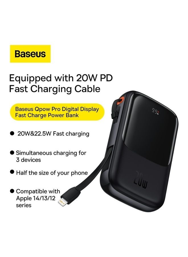 Baseus - 10000 mAh 10000mAh Portable Charger 20W Fast Charging Power Bank PD3.0 QC4.0 High Speed Built In Lightning Cable With Digital Display For iPhone 14, 13,  12,  11 And Many More - Black - Image 1