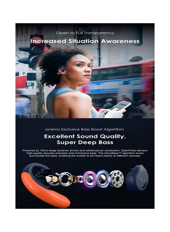 Oraimo - OpenPods 40Hr Long Playtime IPX5 4-Mic Noise Reduction Open-Ear True Wireless Earphones Blue - Image 1