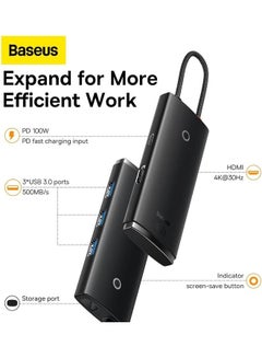 Baseus Baseus Lite Series 5-Port Type-C HUB Docking Station (Type-C to HDMI+USB3.0 * 3+PD) Black  - Image 3