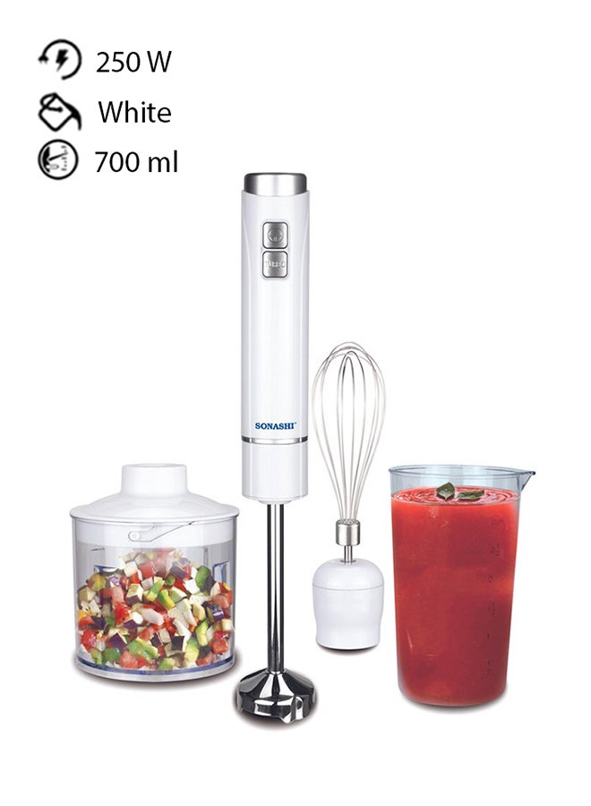 4-In-1 Hand Blender - Stainless Steel Blades with 2 Speed for Baby Food, Soup, Juice | 500ml Chopper Bowl, 700ml Plastic Jar and Blending Wand | Power Watt 250 SHB-185JCW White 