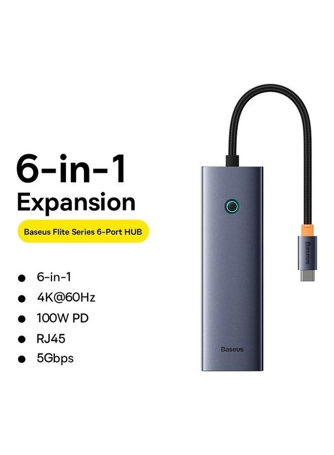 Baseus USB-C Hub (6-in-1) with 4K HDMI, 100W Power Delivery, RJ45 Ethernet, 2 USB-A 3.0, 5Gbps Data Ports, for MacBook Air, MacBook Pro, XPS, Huawei MateBook and other Type-C port devices Grey  - Image 2