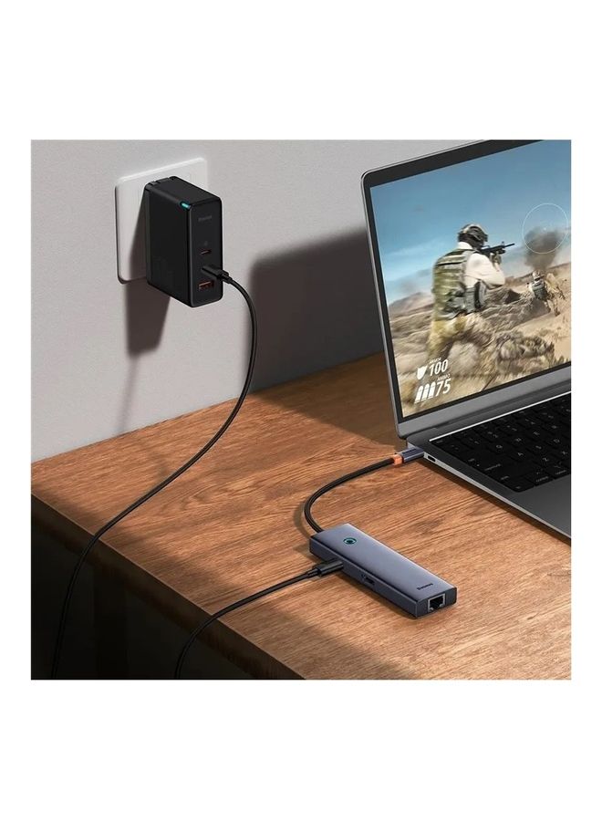 Baseus - USB-C Hub (7-in-1) with 4K HDMI, 100W Power Delivery, RJ45 Ethernet, 2 USB-A 3.0, 5Gbps Data Ports, microSD and SD Card Reader,  for MacBook Air, MacBook Pro, XPS, Huawei MateBook and other Type-C port devices Grey - Image 1