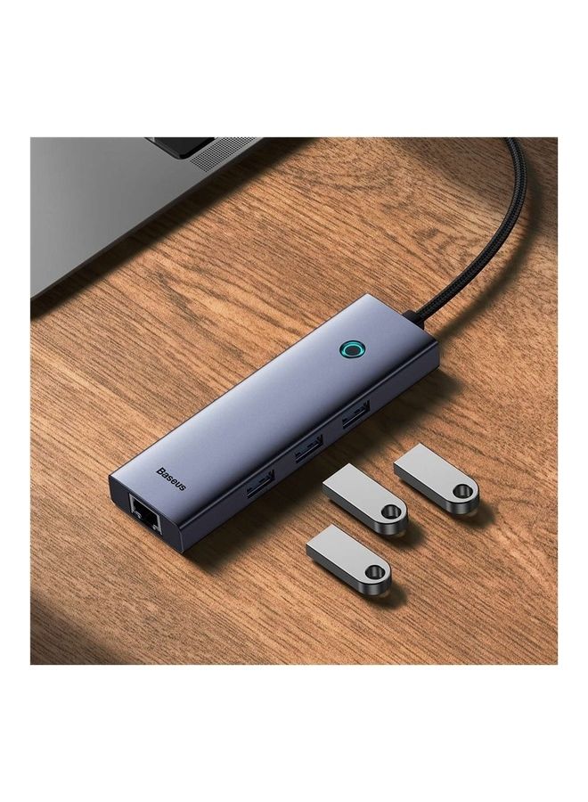 Baseus - USB-C Hub (4-in-1) with RJ45 Ethernet, 3 USB-A 3.0, 5Gbps Data Ports, for MacBook Air, MacBook Pro, XPS, Huawei MateBook and other Type-C port devices Grey - Image 1