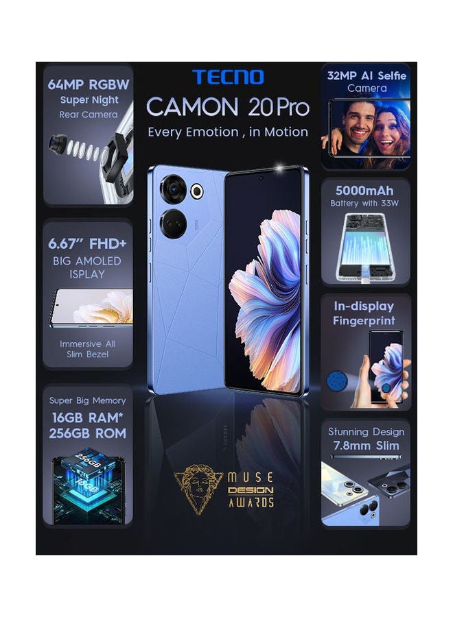 TECNO Camon 20 Pro Dual SIM Serenity Blue 8GB RAM 256GB 4G - Middle East Version  - Image 2