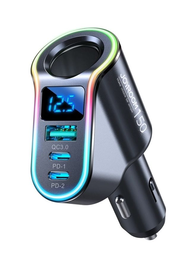 JOYROOM 150W with Cigarette lighter 4 In 1 Car Charger 2 Type C Port And 1 USB  - Black - Image 2