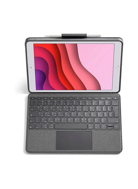 Combo Touch for iPad (7th, 8th & 9th Gen), Keyboard Case with Trackpad, Wireless Detachable Keyboard, Soft Slim Cover, Adjustable Stand, English-Arabic Layout Grey