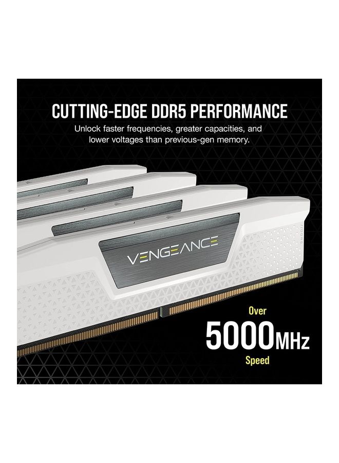 Vengeance DDR5 64GB 2 x 32GB 5200MHz C40 Intel Desktop Memory Onboard Voltage Regulation Custom XMP 3.0 Profiles Compact Form-Factor Solid Aluminum Heatspreader White