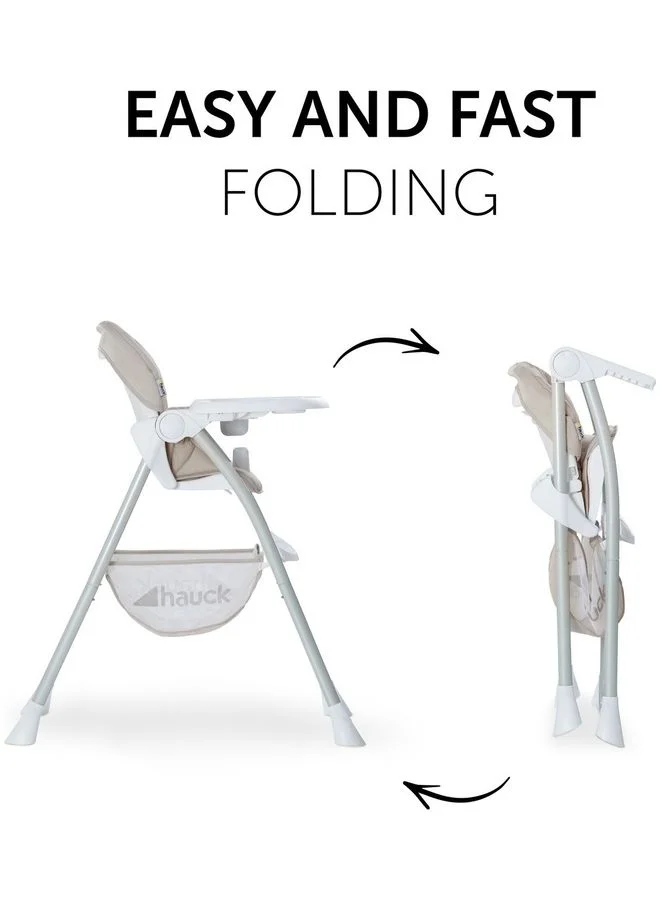 hauck Sit N Fold Children'S High Chair, From 6 Months To 15 Kg, Narrow Foldable, Adjustable Backrest, Removable Tray, Large Toy Basket - Beige