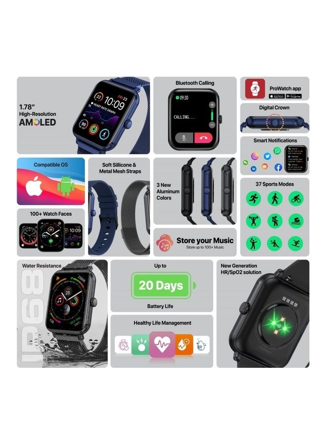 PROMATE - Smart Watch, Bluetooth 5.3 Health and Fitness Tracker with Media Storage, 1.78” AMOLED Display, 20 Day Battery Life, 37 Sports Modes and IP68 Water Resistance for iPhone 14, Galaxy S22, ProWatch-M18.B BLUE - Image 1