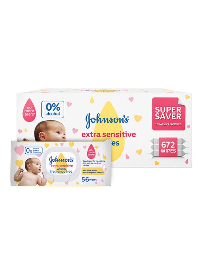 Johnson's Extra Sensitive Wipes – Super Saver Pack 8 + 4 Free, 12x56, 672 Wipes  - Image 1