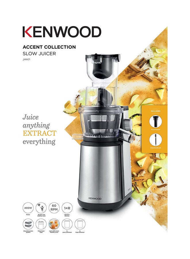 KENWOOD - Slow Masticating Juicer Extractor Easy To Clean Cold Press Machines With Stainless Steel Body Quiet Motor And Reverse Function Powerfull 1 L 400 W JMM71.000BK Silver - Image 1