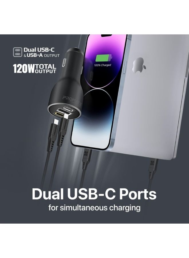 PROMATE - iPhone 16, Laptop Car Charger, 120W Heavy-Duty USB-C Car Adapter With Dual 100W/20W USB Type-C Power Delivery Ports, 18W QC 3.0 USB Port And Surge Protection, MacBook Pro, PowerDrive-120 - Black - Image 1
