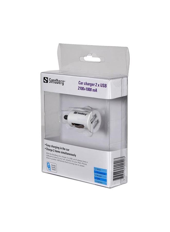 ساندبرغ شاحن سيارة صغير مزود بمنفذ USB مزدوج 2.1A + 1A أبيض  - Image 2