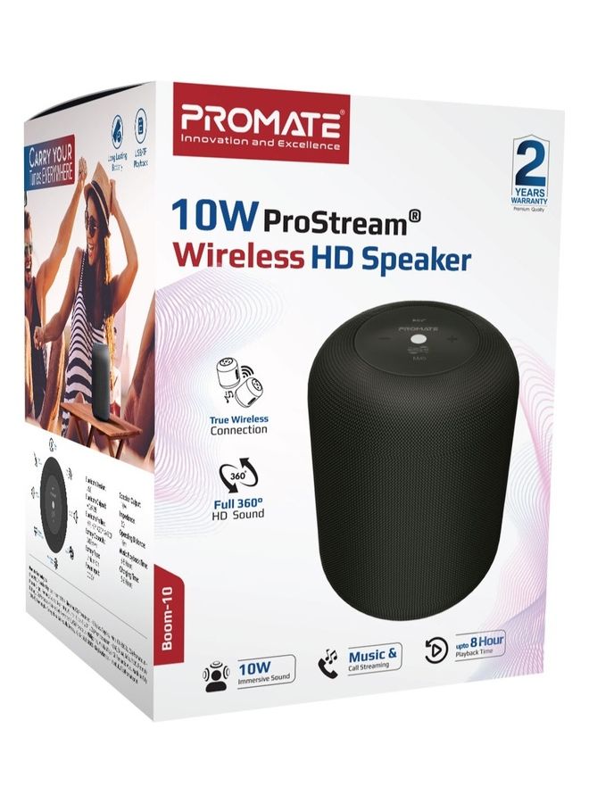 PROMATE - Portable Wireless Speaker,Stylish 10W True Wireless Speaker with 360-Degree HD Sound,Long playtime,USB Media Port,Micro SD Card Slot and 3.5mm Port for Bluetooth Enabled Devices,Boom-10 Black - Image 1
