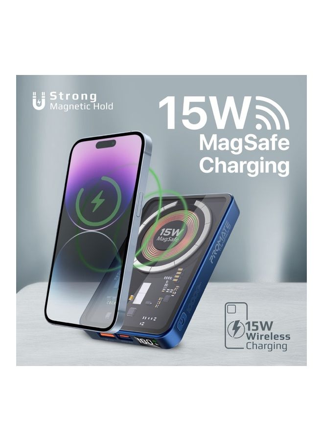 PROMATE iPhone 15 Magnetic Wireless Power Bank, 10000mAh 15W Mag-Safe Transparent Battery Pack with 20W USB-C Power Delivery Port, 22.5W QC 3.0 Port and LCD Screen,iPad Air, Galaxy S22 Blue  - Image 4