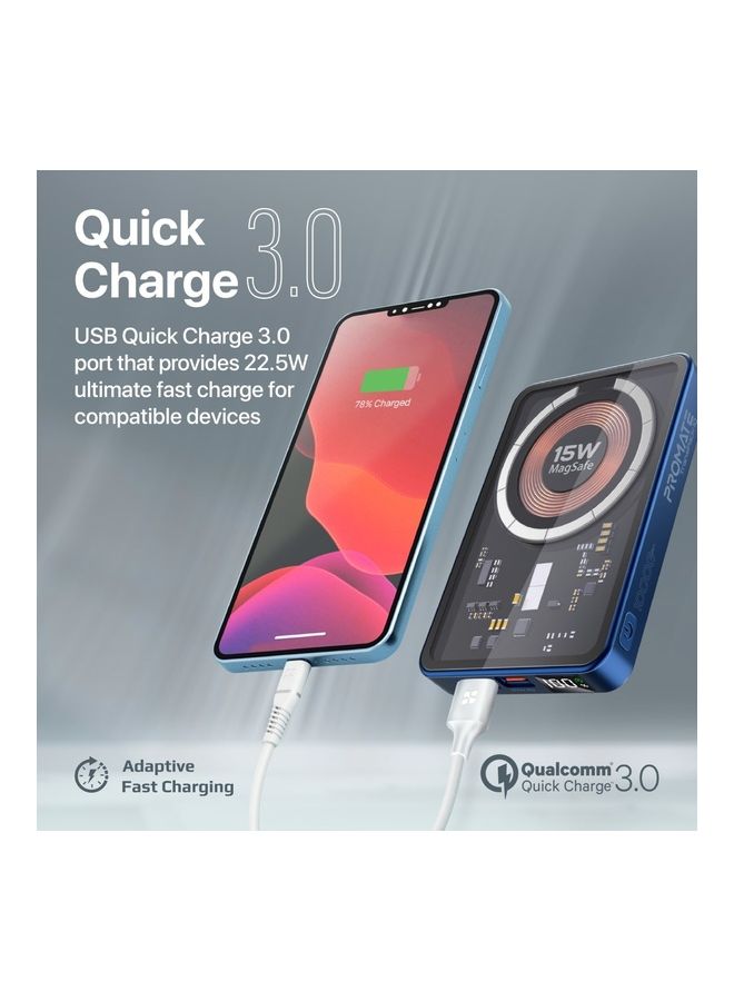 PROMATE iPhone 15 Magnetic Wireless Power Bank, 10000mAh 15W Mag-Safe Transparent Battery Pack with 20W USB-C Power Delivery Port, 22.5W QC 3.0 Port and LCD Screen,iPad Air, Galaxy S22 Blue  - Image 5