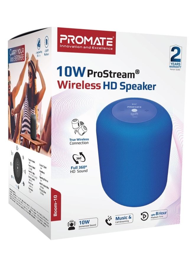 PROMATE - Portable Wireless Speaker,Stylish 10W True Wireless Speaker with 360-Degree HD Sound,Long playtime,USB Media Port,Micro SD Card Slot and 3.5mm Port for Bluetooth Enabled Devices,Boom-10 Blue - Image 1
