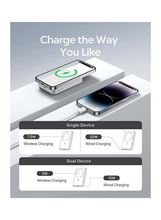 Baseus - 10000 mAh MagSafe Portable Charger, 10000mAh Wireless Magnetic Power Bank with 20W PD Type-C Cable, Slim Compact Battery Pack for iPhone 16/16 Pro/16 Pro Max, iPhone 15/14/13/12 Series, Fast Charging MagSafe-Compatible Charger for All Wireless Devices White - Image 1