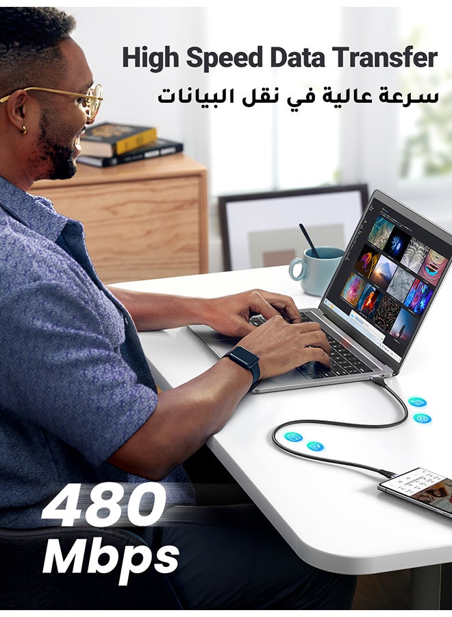 يو جرين - كابل شاحن USB Type C للشحن السريع بشدة 3 أمبير مضفر ومن النايلون متوافق مع سامسونج S21 وS20 ونوت 20 و10 و9 وهواوي P30 وP20 لايت وميت 20 برو وP20 وإل جي G5 وG6 وشاومي مي 11 ألترا وA2 ومي 9 وما إلى ذلك - 1 متر أسود - Image 1