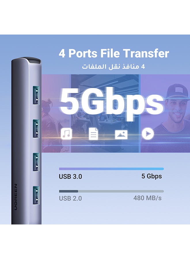 Ugreen - 5 in1 USB C Hub HDMI Multiports Adapter Ultra Slim With 4 USB 3.0 Ports Data Transfer 4K HDMI For MacBook Pro Air M3 M2 M1 iPad Pro M4 iPhone 16 15 Pro Max Lenovo Dell HP Silver - Image 1