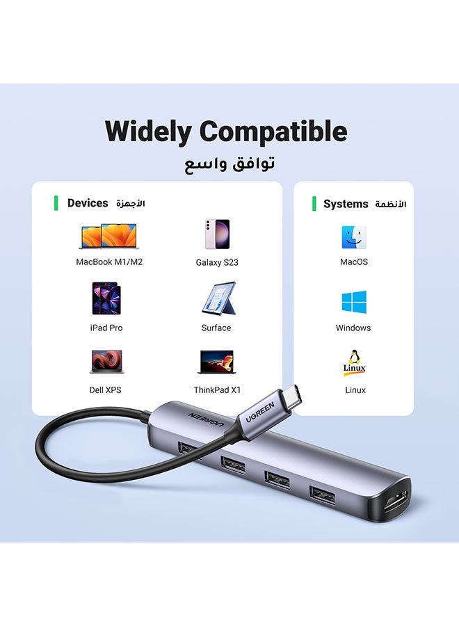 Ugreen - 5 in1 USB C Hub HDMI Multiports Adapter Ultra Slim With 4 USB 3.0 Ports Data Transfer 4K HDMI For MacBook Pro Air M3 M2 M1 iPad Pro M4 iPhone 16 15 Pro Max Lenovo Dell HP Silver - Image 1