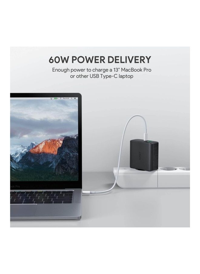 Aukey - USB C charger 60W power output, USB-C power supply with motion detection and GaN technology, USB C PD charger is suitable for 13-inch MacBook Pro, iPhone 14 Pro, AirPods Pro, Google Pixel, iPad Black - Image 1