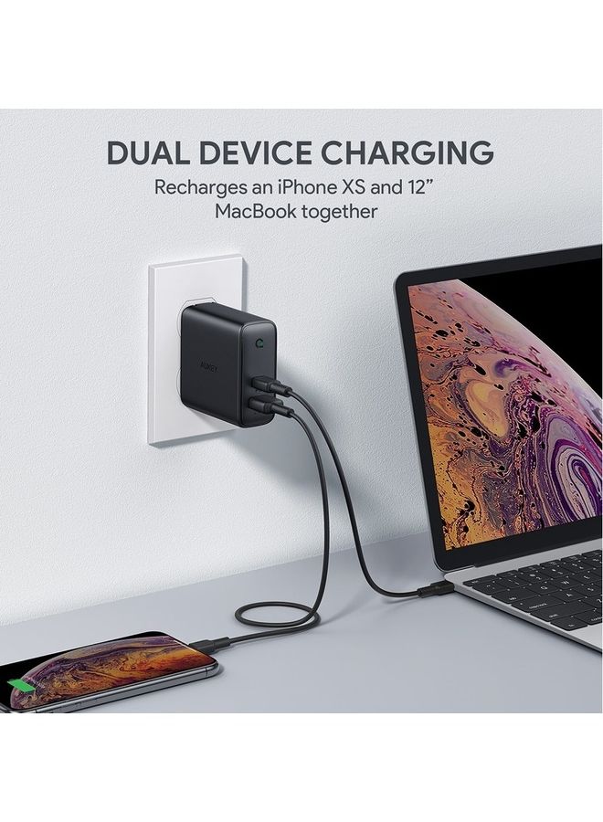 Aukey - USB C charger 60W power output, USB-C power supply with motion detection and GaN technology, USB C PD charger is suitable for 13-inch MacBook Pro, iPhone 14 Pro, AirPods Pro, Google Pixel, iPad Black - Image 1