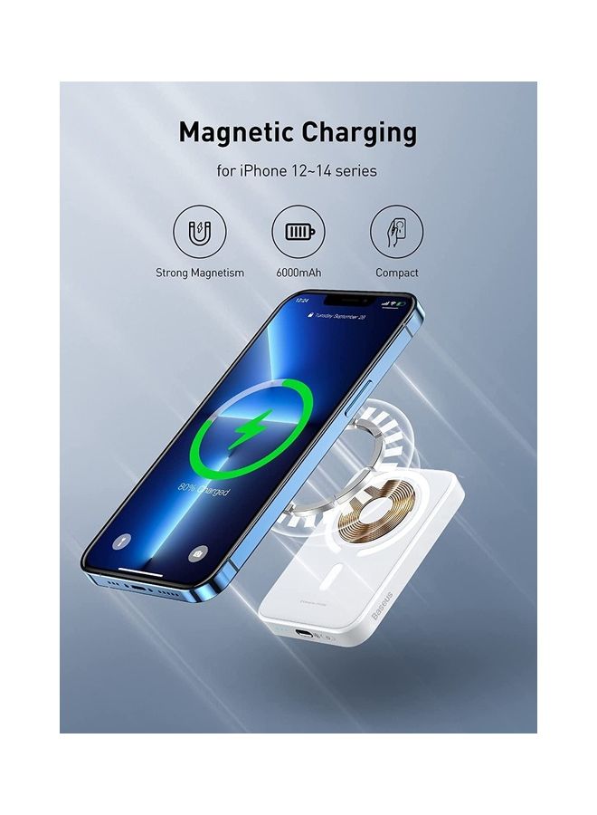 Baseus 6000 mAh Magnetic Magsafe Power Bank Battery Wireless Portable Charger PD With Usb C Cable For iPhone 14 13 12 Series White - Image 3